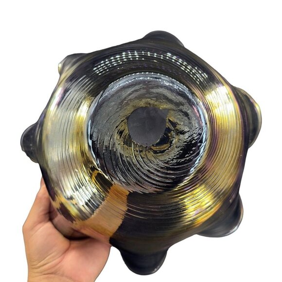 Hand Blown Chrome Iridescent Purple Art Glass Bowl Dish Ruffled Edge Large Bowl - Picture 5 of 16